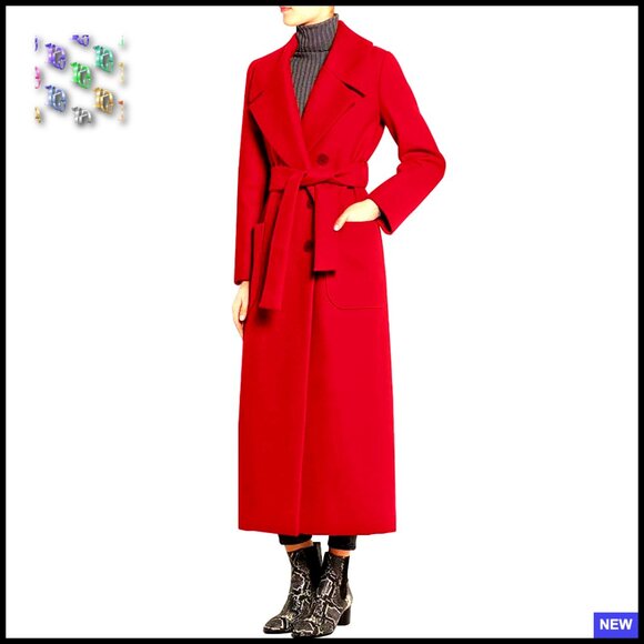 Elegant Lapel Collar Double Breasted Wool Blend Overcoat Belted Classic Chic